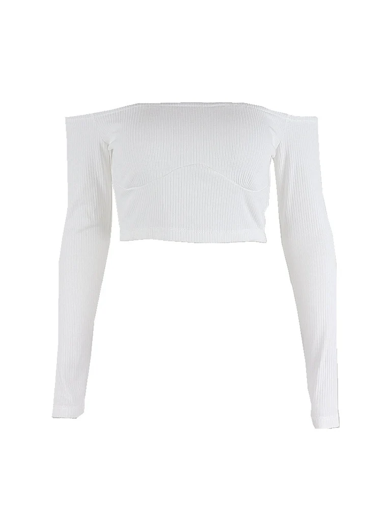 

Slash Neck Top Sexy Ribbed Long Sleeve Stretchy Cropped Tops Women T-shirt Summer Casual Tops White Fashion Skinny Slim T-shirt
