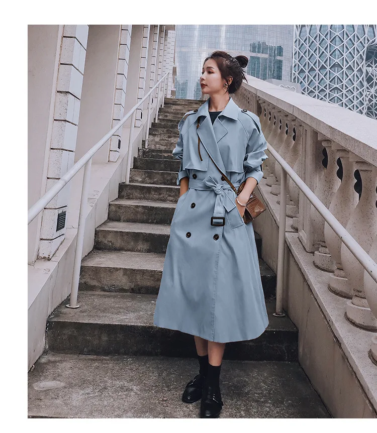 

Autumn Women Trench Coat With Belt Women Clothes Blue Coat Casaco Feminino Harajuku Abrigo Mujer Long Trench Femme 2021