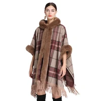 womens winter new plaid cloak loose coat imitation rabbit fur loose tassel cloak warm coat wool blend cardigan jacket
