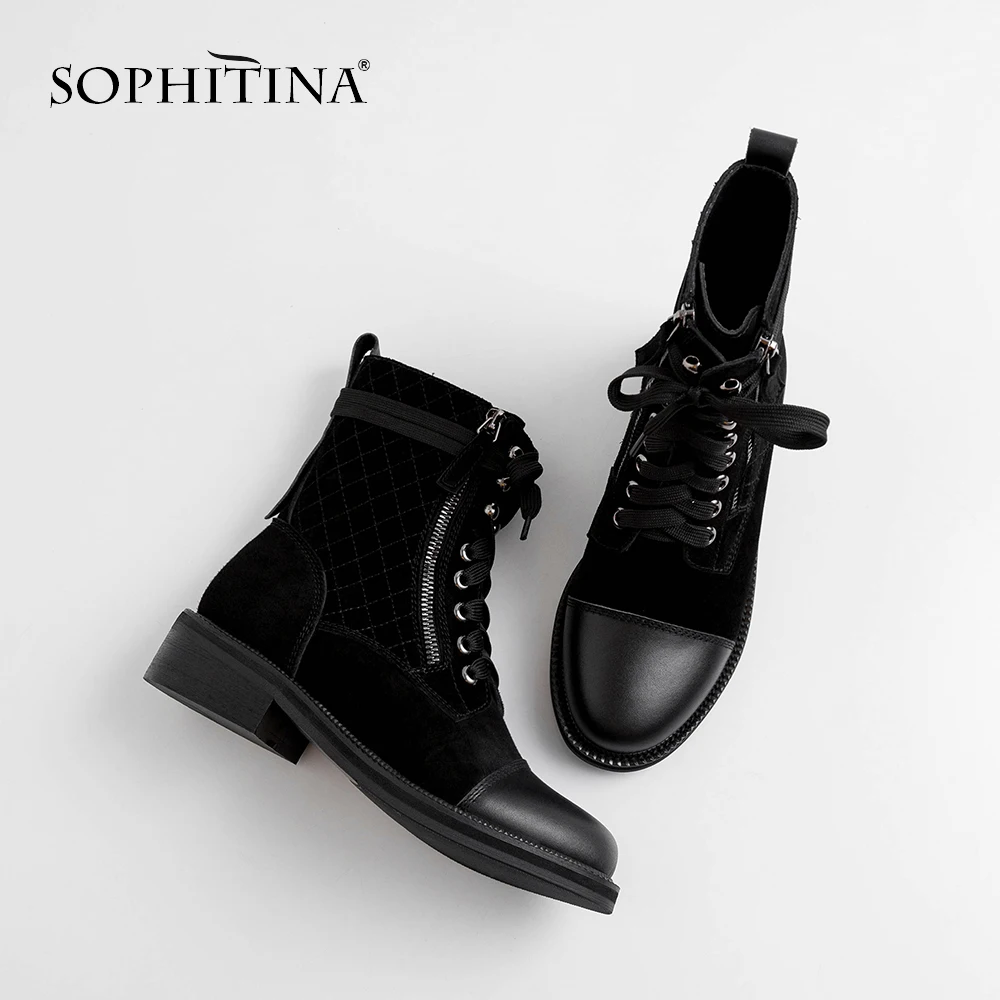 Harga SOPHITINA Fashion Wanita Sepatu Bot Sepatu Bot Tinggi Kualitas Kulit Sapi Desain Khusus Sepeda Motor Sepatu Boots Round Toe Hak Square Sepatu MO243