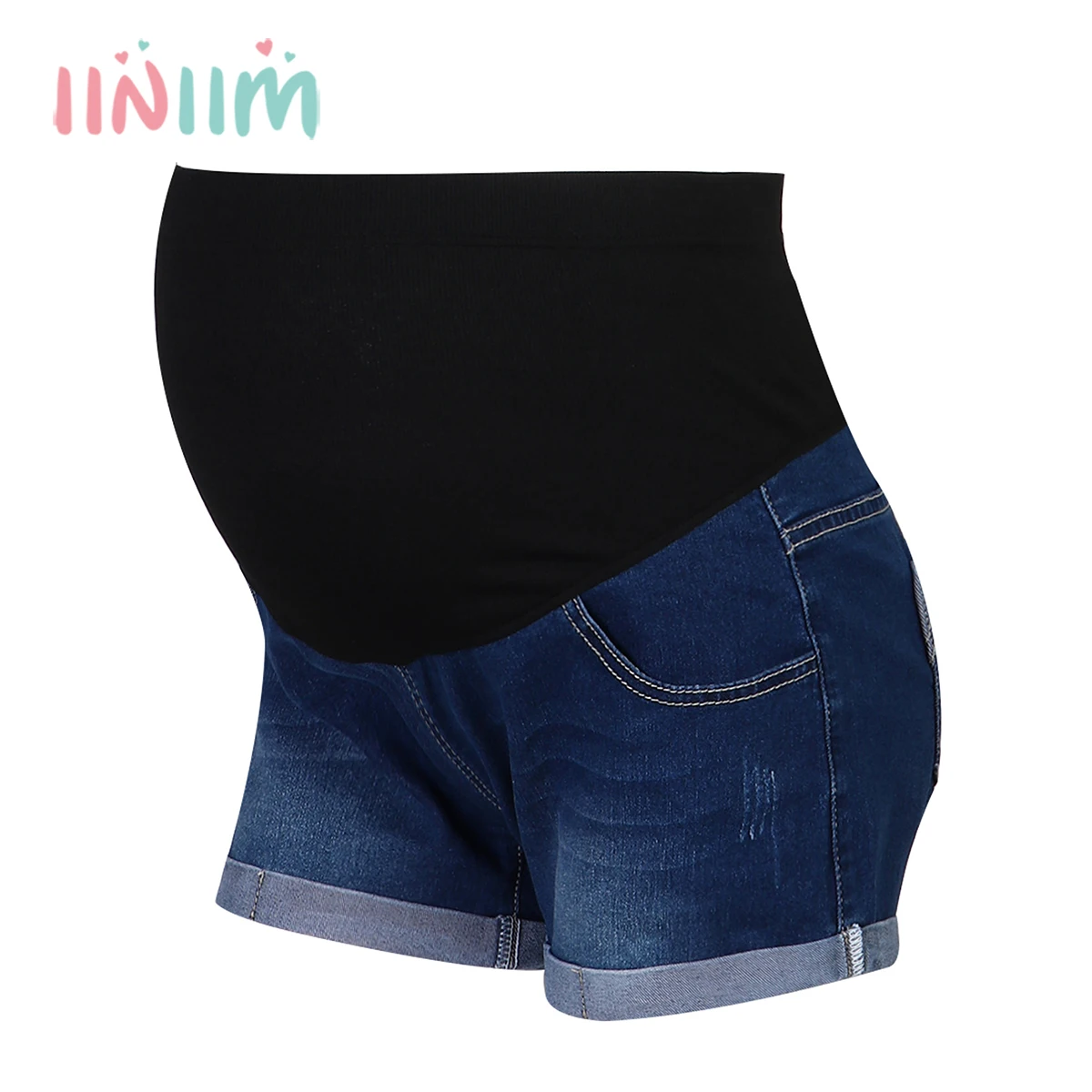 iiniim Pregnant Women Summer Maternity shorts Fit Belly Low Waist Patchwork Style Denim Shorts Pregnancy   jean with Pockets