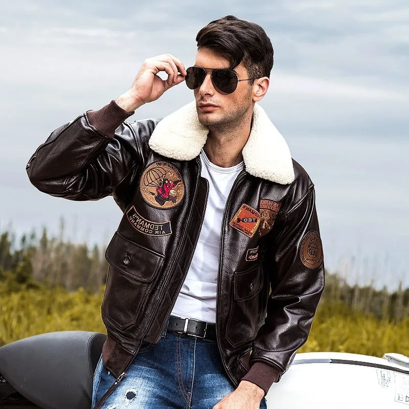 Мужская куртка пилот USAF коричневая из натуральной воловьей кожи с шерстяным