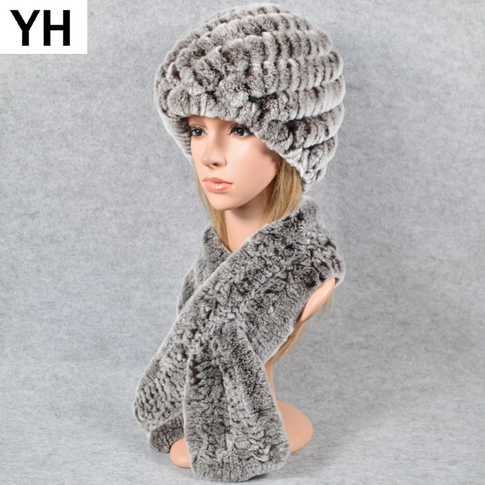 Уличная Зимняя мода вязать Настоящий мех кролика шапка и шарф женская из меха