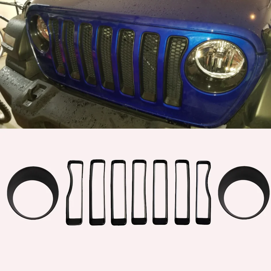 

9Pcs Front Grill Inserts & Headlight Cover Kit For 2018 2019 2020 2021 Jeep Wrangler JL Unlimited Accessor