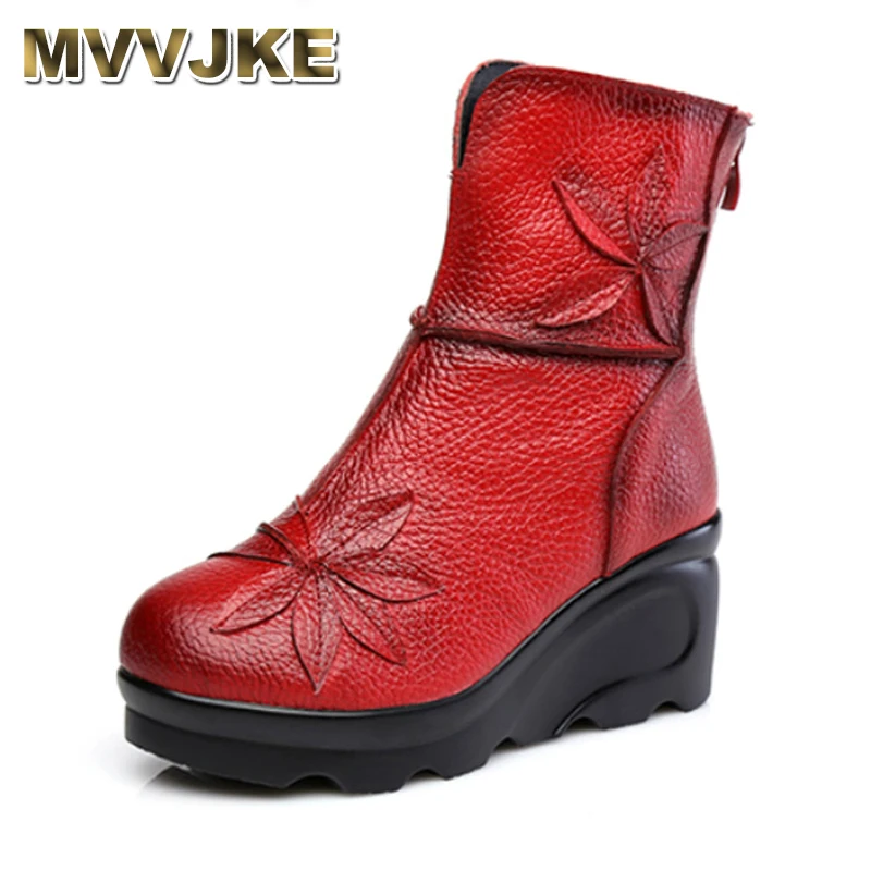 

MVVJKE Folk Style Thick Warm Soled Red Boots 2020 Winter Women Genuine Leather Platform Boots Mother Casual Retro Flower Shoes