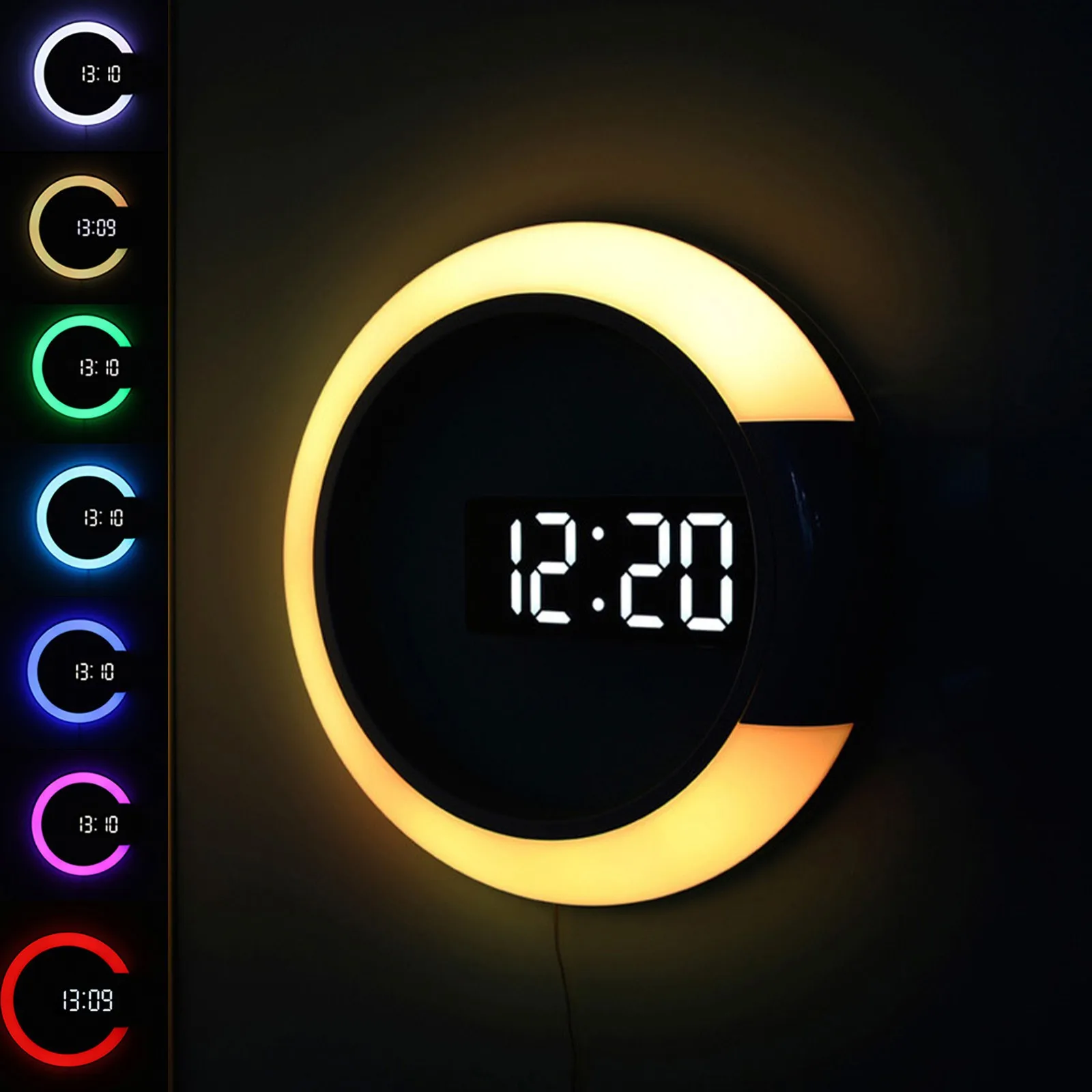 

LED Light Wall Clock Creative Remote Control Digital Clock Alarm Temperature Display Function 7-Colour Home Night Light Lamp #40