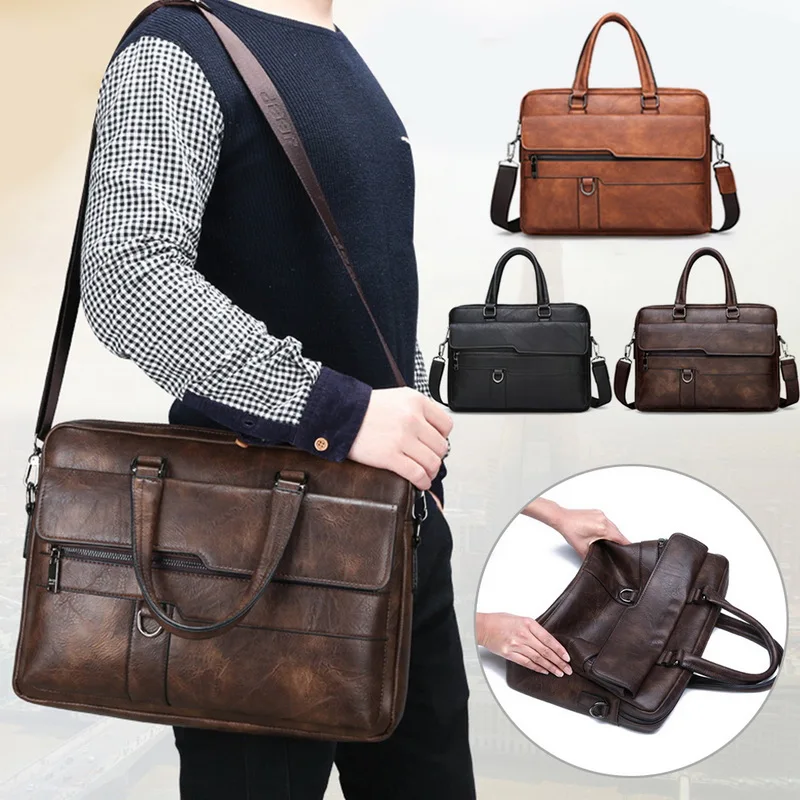 New Retro Men Solid Color Bag Faux Leather Briefcase Large Capacity Tote Shoulder Casual Business Laptop |