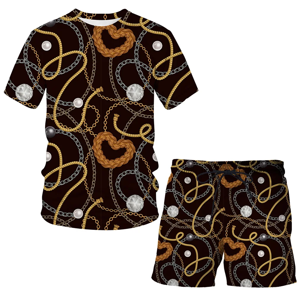 

New Summer 2021 Men's Suit Casual Short Sleeve Fun 3d Iron chain Printing O-Neck Hip Hop T-Shirt+Shorts 2-Piece Set Men clothing