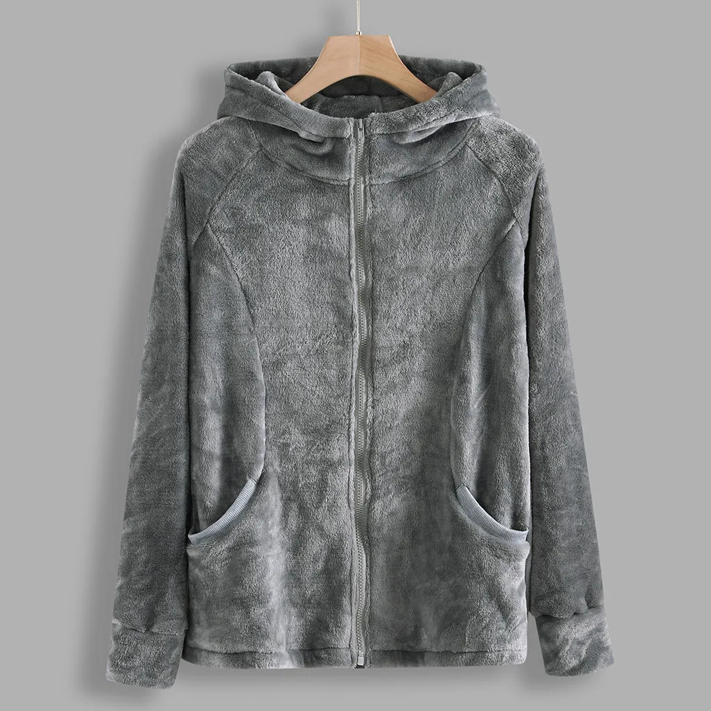 Осенне-зимние флисовые куртки с капюшоном женские повседневные однотонные