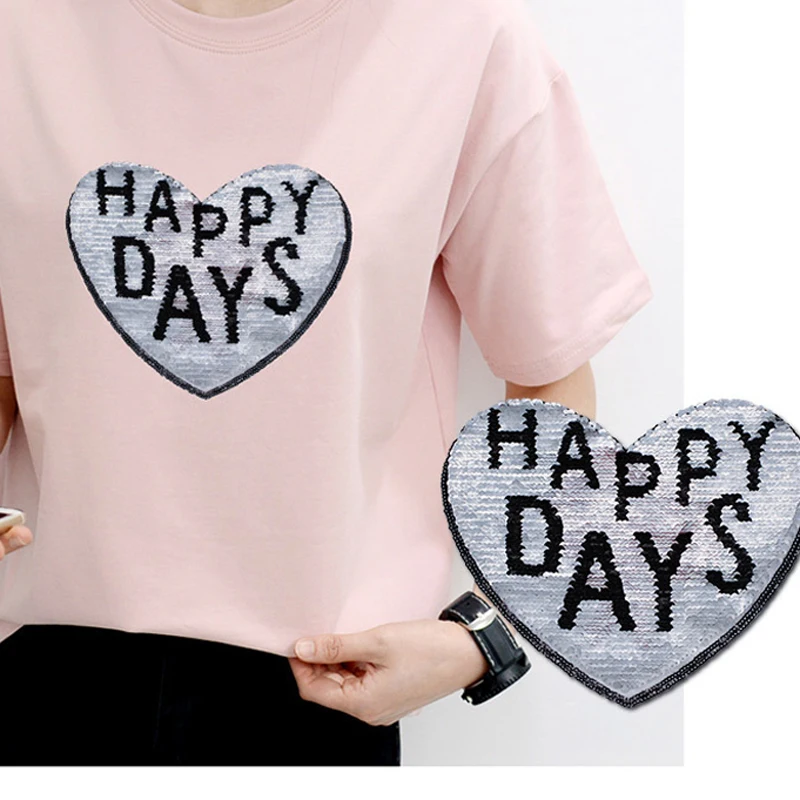 Футболка с нашивками в виде сердца для женщин наклейки Реверсивные меняющие цвет