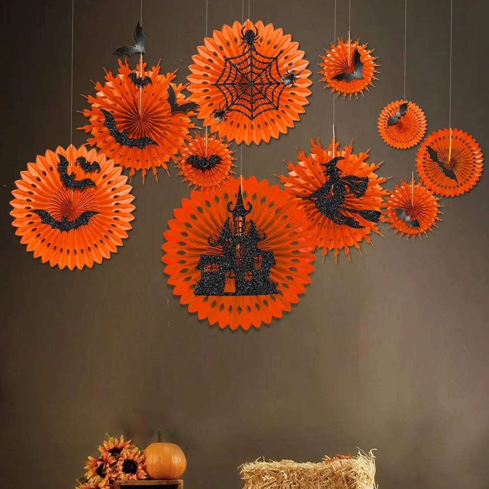 

Halloween Party Decorations 10Pcs Orange Tissue Paper Fan with 18Pcs Glittering Witch Bat Spider Web Haunted House Wall Sticker