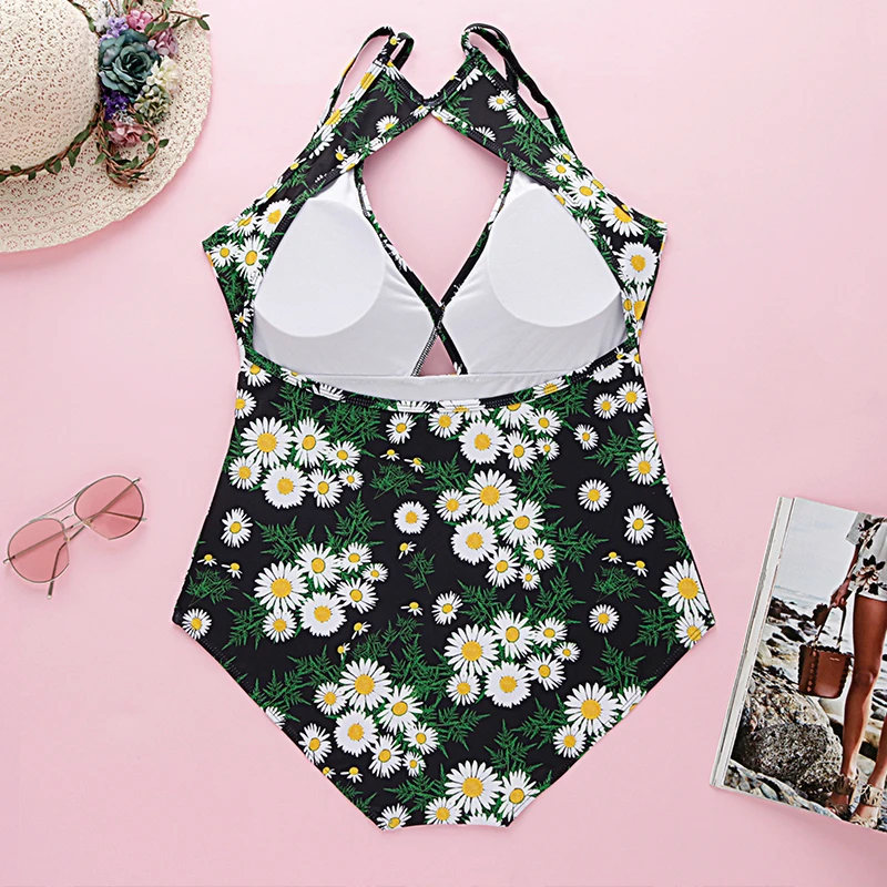 

2020 New Sexy Deep V Monokini Women Floral Print Swimsuit Plus Size Swimwear XL-4XL Girl Double Straps Beachwear One Piece Suit