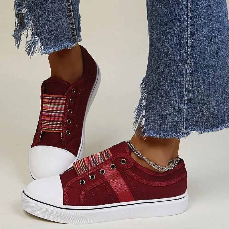 

Mixed Colors Ethnic Canvas Skateboard Shoes Women's Fall 2021 New Casual Elastic Band Slip-on Walking Sneakers Vulcanized Shoes