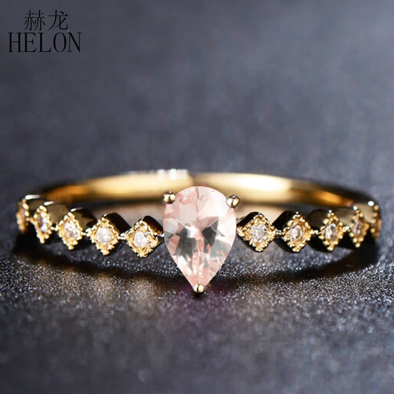 

HELON Solid 14k Yellow Gold Natural Diamonds Pear Cut Natural Morganite Engagement Ring Anniversary Wedding Ring for Women Party