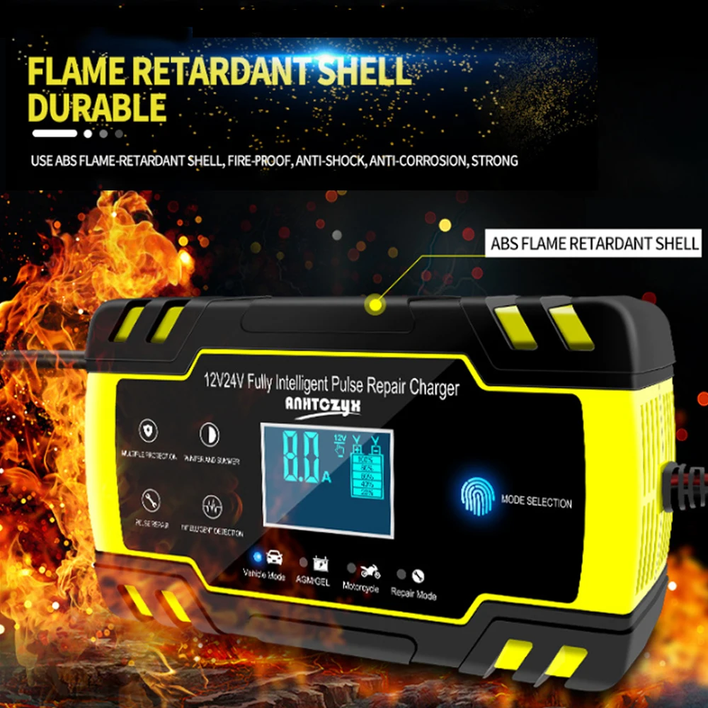 Car AGM Charger 12/24V 3-stage LCD Touch Screen Pulse Motorcycle Lead Acid Battery Repair Type Gel Wet Yellow | Автомобили и