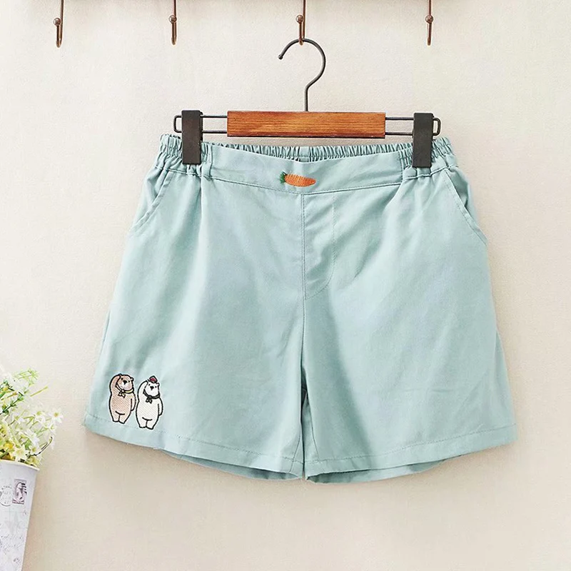 

Japanese Elastic Waist high Cartoon Bear Embroidery Shorts Women Summer Casual Sweet Cotton Loose Shorts U217