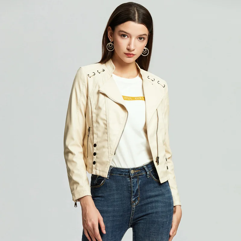 New Women's PU Short Jackets Slim Faux Leather Autumn Outerwear Coats Feminine Cool Zipper Designer High Street Rivet Clothing