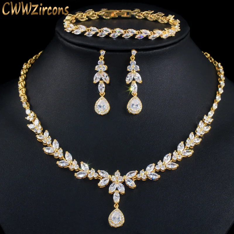 CWWZircons 3 шт. женский костюм большой золотой ювелирный набор со светящимся кубическим цирконием капля Дубай невесты ожерелье серьги и браслеты T370