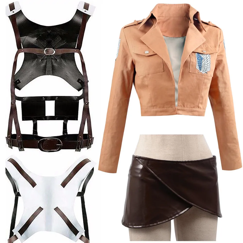 Аниме Атака Титанов Косплей Shingeki no Kyojin куртка Recon Corps кожаная юбка с капюшоном
