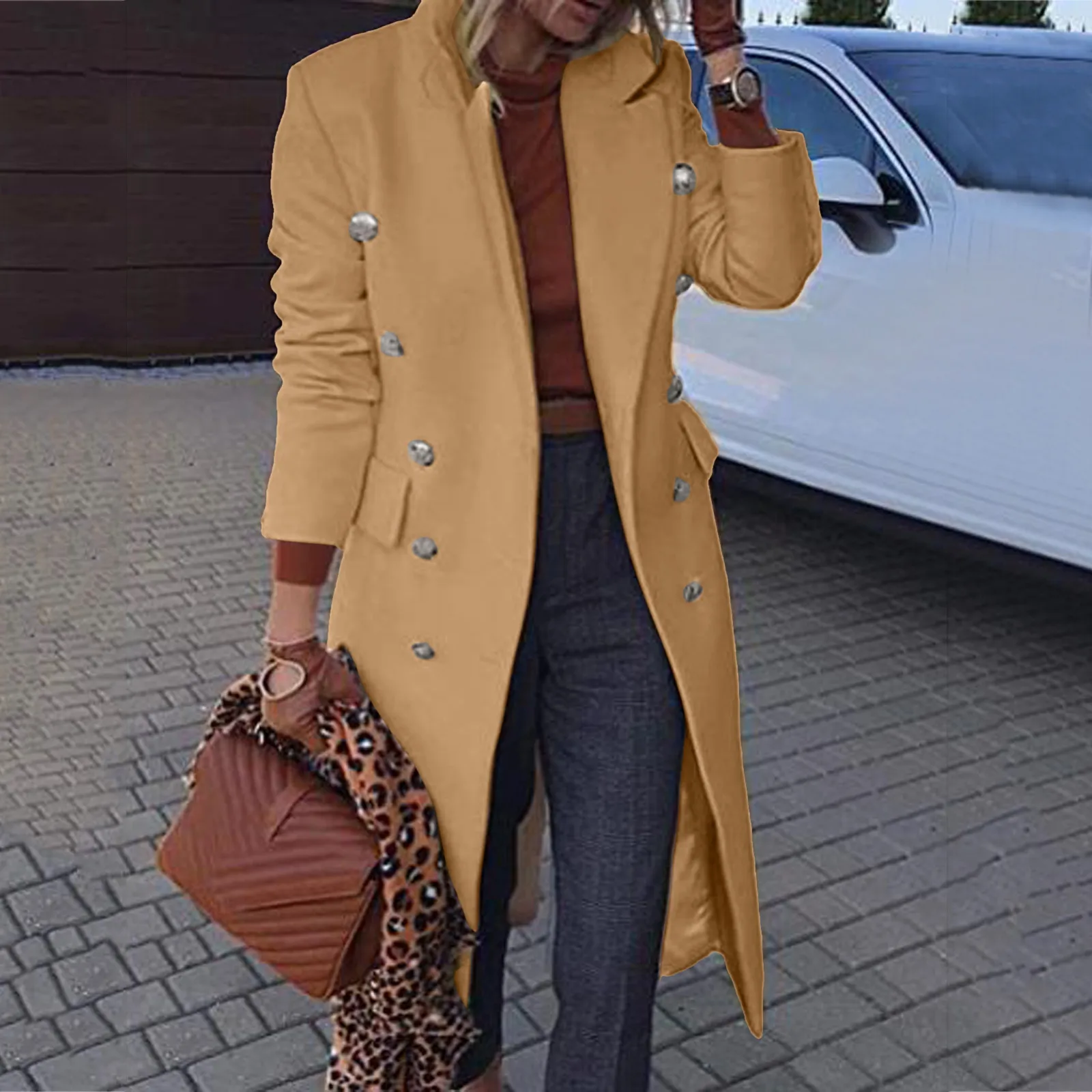 

Women's Faux Wool Thin Coat Trench Jacket Ladies Warm Slim Solid Color Button Long Overcoat Outwear Winter Warm Coat Trench