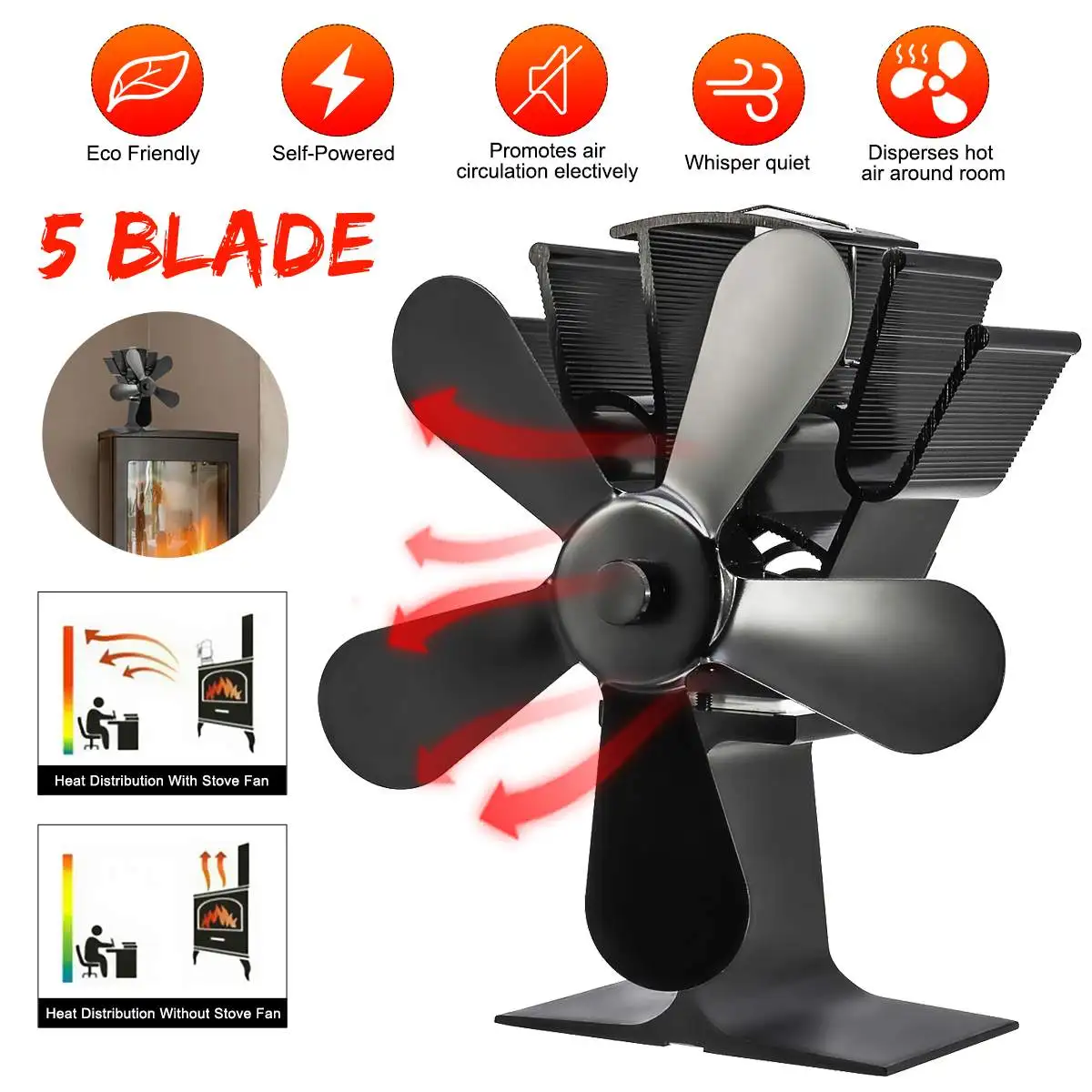 

5 Blade Heat Powered Stove Fan Black Fireplace Log Wood Burner Eco Heater Tool Quiet Fan Home Efficient Heat Distribution