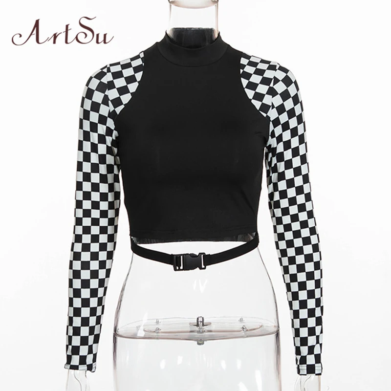 Черный ArtSu Checkerboard короткий топ с длинными рукавами, водолазка с пряжкой, Футболка женская Harajuku, футболка, клетчатая забавная футболка ASTS60396 - Цвет: Черный