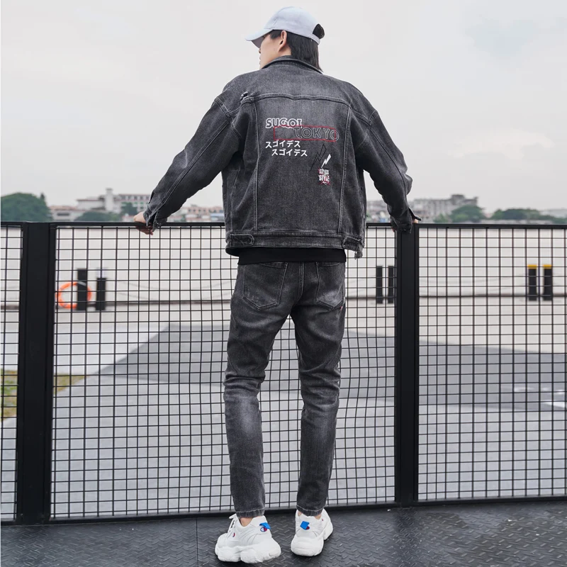 Мужской джинсовый костюм из двух предметов Повседневная хлопковая куртка с