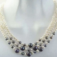 beautiful 3row 6 7mm natural freshwater cultured white black round pearl beads necklace original design jewelry 17 19inch bv149