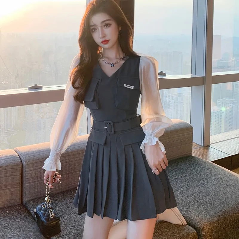 

Женское платье в стиле преппи для женщин, Осеннее шифоновое лоскутное Плиссированное мини-платье с пышными рукавами, женское повседневное ...