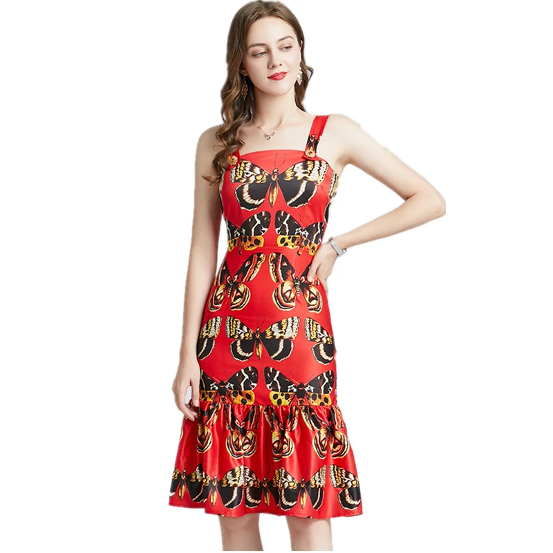 

Новинка 2021, летнее женское платье LUKAXSIKAX без рукавов на бретельках, высококачественное винтажное платье с принтом бабочки, подиумное платье ...