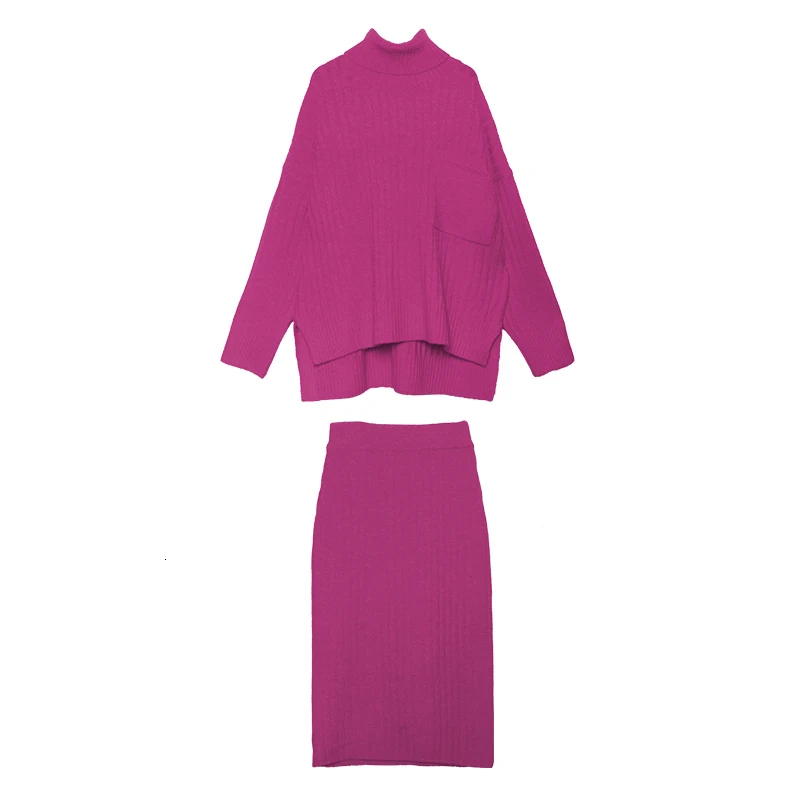 [EAM] Half-body Skirt Knittng Big Size Two Pieces Suit New Turtleneck Long Sleeve Loose Women Fashion Spring Autumn 1K341 - Color: rose red