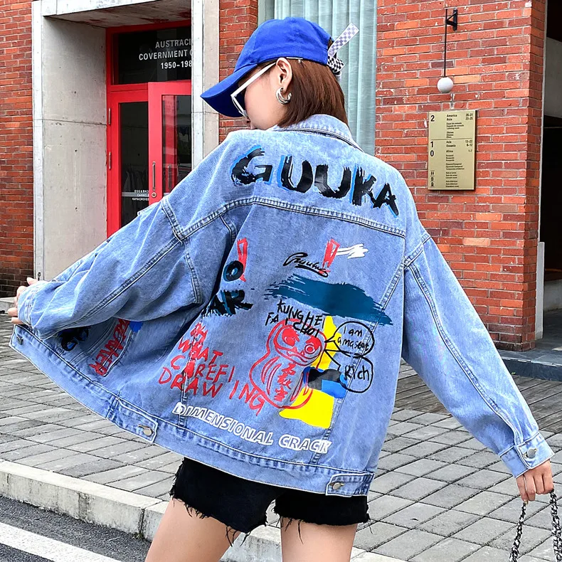 

Tide brand women's 2021 autumn new street letter printing loose wash denim jacket women