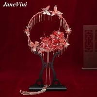 janevini 2020 new fashion red fan bouquet handmade flowers beaded bridal metal round hand fan luxury chinese wedding accessories