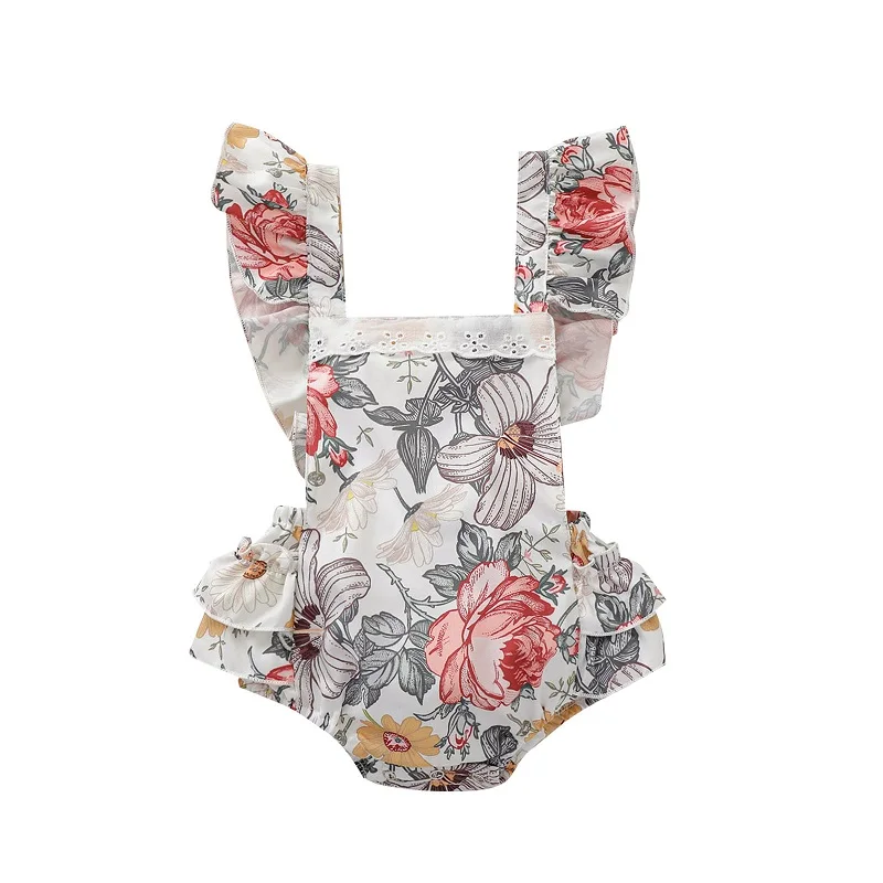 

0-24M Newborn Baby Girl Rompers Sleeveless Lace Floral Print Jumpsuit One Pieces Summer Clothes