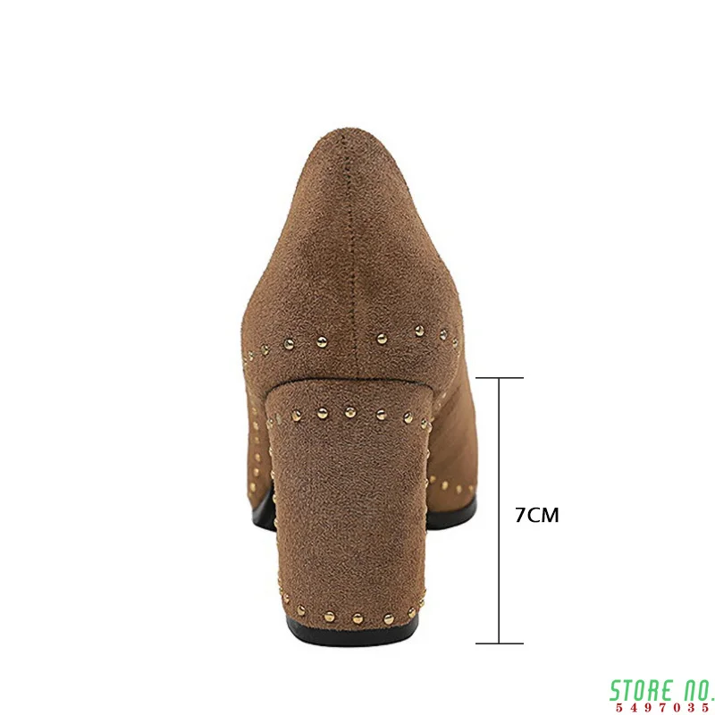 

Fashion Women Pumps Rivet Metal Heels Women Shoes Flock Sexy Square Heels Shoes Ladies Red Black Office Party Wedding Shoes