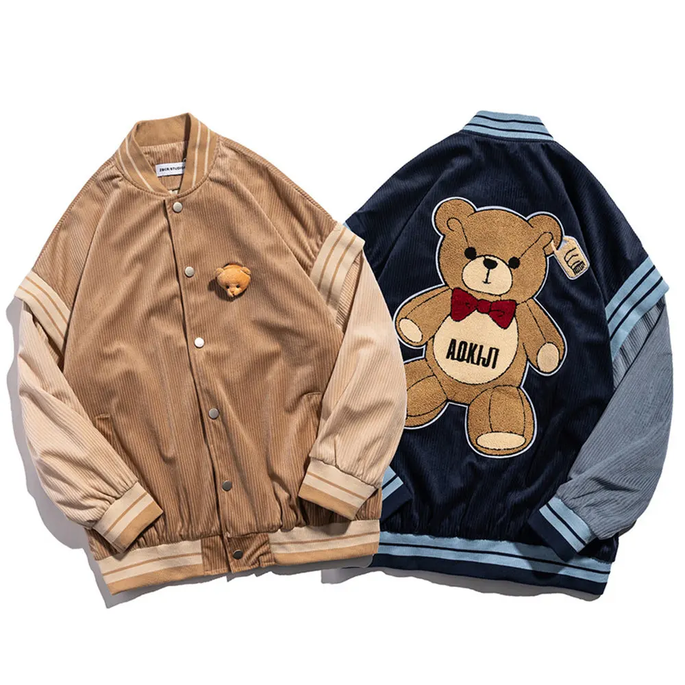 

Men's Jacket Soft Corduroy Fabric Baseball Uniform Embroidery Flocking Cartoon Bear Harajuku Hip Hop Streetwear Coat