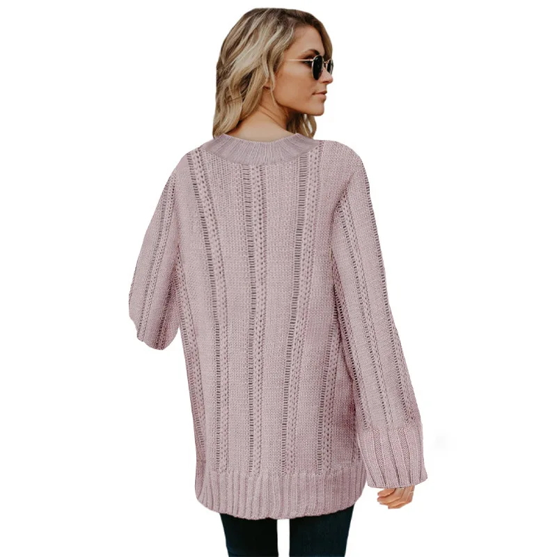 

Cable Sweater Women Autumn/Winter New Loose Solid Color o-Neck Trumpet Sleeve Lady Pullovers Female Fashion Casual Clothing Tops