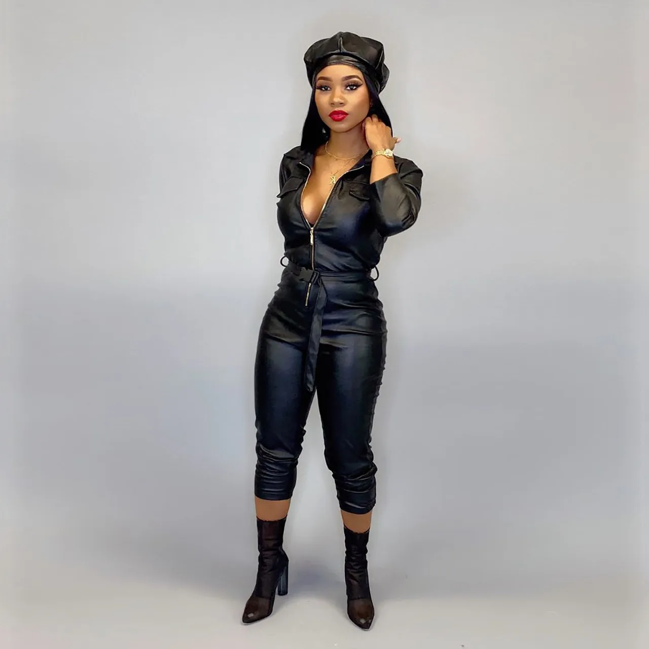 Wjustforu модный кожаный женский комбинезон с длинным рукавом черный из