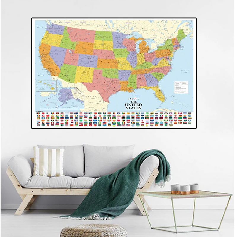 150x100cm Map of The United States with National Flags Non-woven Canvas Painting Vintage Poster Card Home Decor School Supplies |