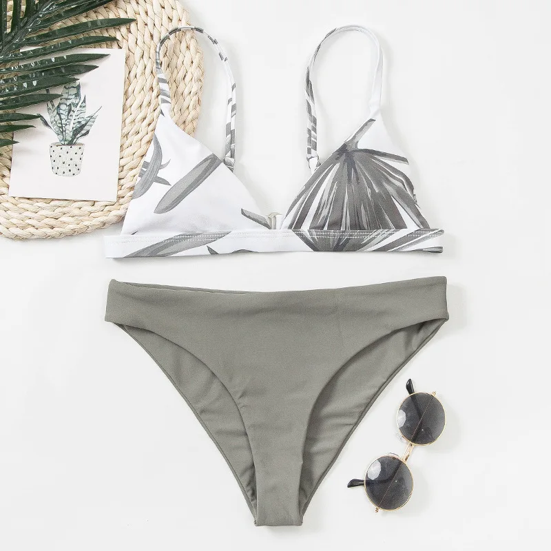 

Women's Swimwear 2021 New Feather Print Solid Double-Sided Briefs Separate Swimsuit Summer High Waist Sexy Push Up Bikini Suit