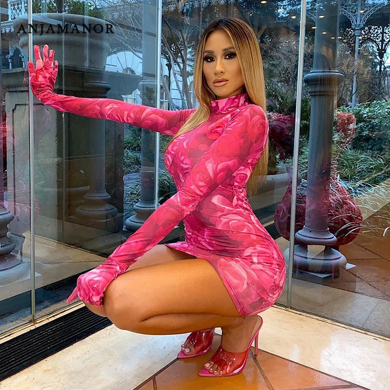 Женское мини платье с длинным рукавом ANJAMANOR вечерние облегающие платья цветочным