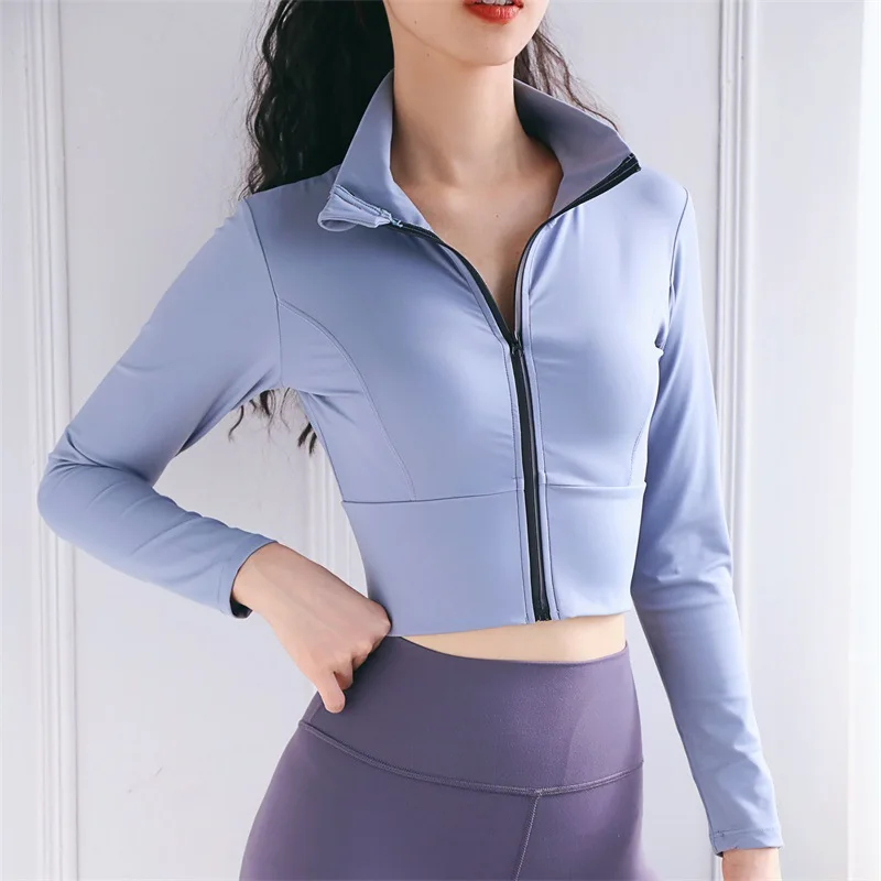 Женские топы для фитнеса однотонный Тонкий Топ на молнии с длинными рукавами