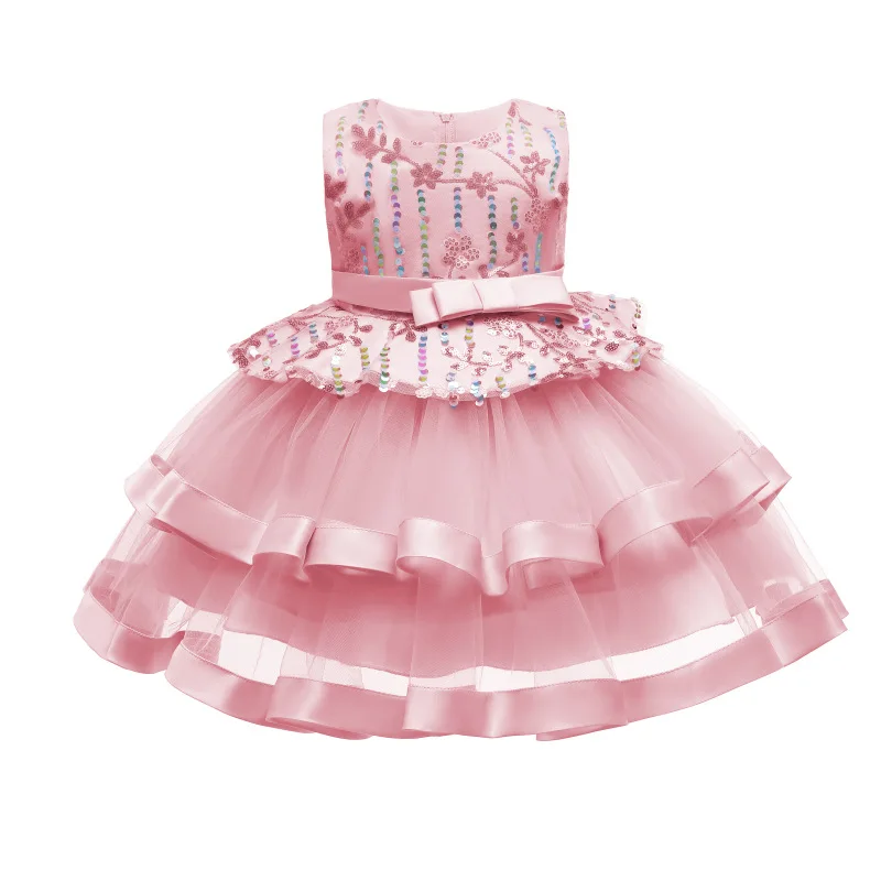 

2021 Summer Sequin Bow Baby Girls Dress 2 Age Birthday Party Wedding Dress For Girl Palace Princess Evening Dresses Kid Clothes