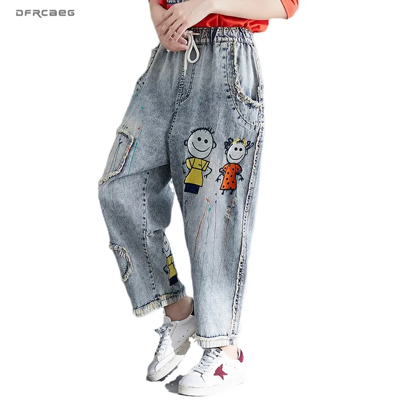 Женские джинсы хараюку свободные винтажные Джинсы бойфренда с эластичной талией