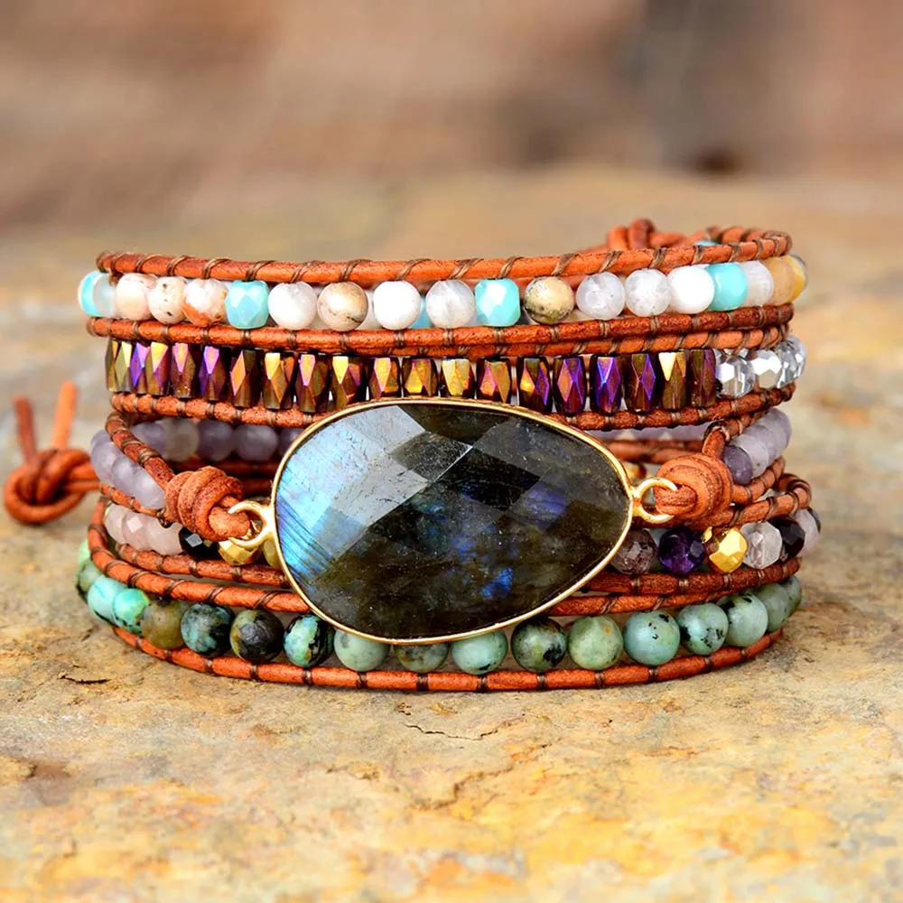 Exclusive New Women Boho Bracelets Labradorite 5 Times Leather Strap Woven Wrap Beads Bracelets Femme Dropshipping