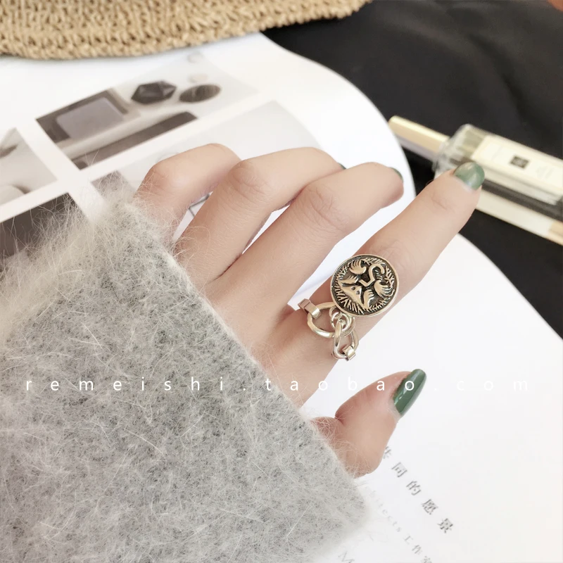 

Korean Style S925 Sterling Silver Coin Lucky Cent Vintage Distressed Double-Sided Coin Personalized Opening Chain Ring Female Fa