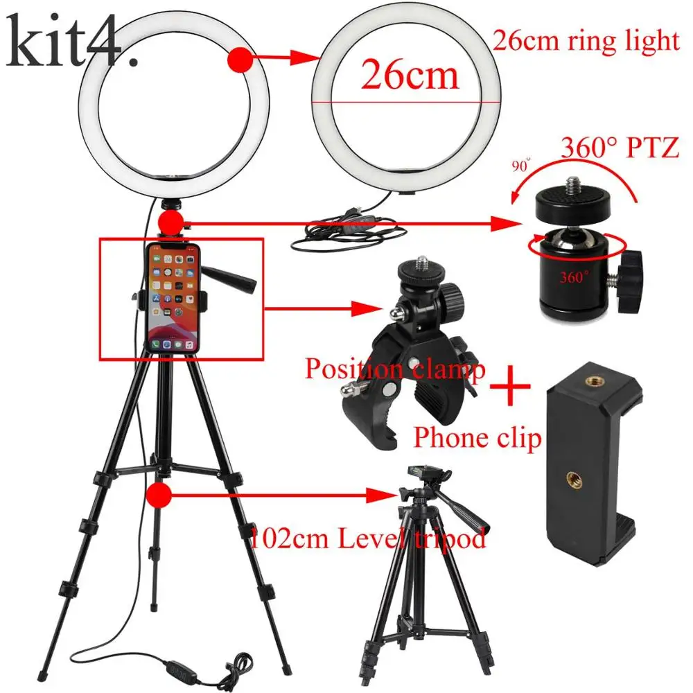 Kit 4 Светодиодный кольцевой светильник для фотосъемки камеры кольцевой светильник студийный кольцевой светильник для видеосъемки портретный макияж с зажимом для телефона штатива - Цвет: Kit 4