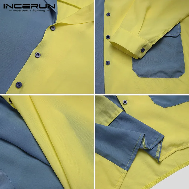 

INCERUN Patchwork Men Shirt Long Sleeve Turn Down Collar Button Pockets Fashion Blouse Streetwear Casual Camisa Masculina S-3XL