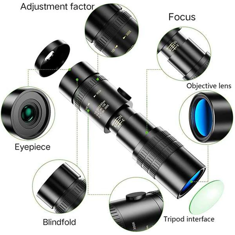 Monocular Telescope 4K 10-300X40mm Super Telephoto Zoom Retractable Eyepiece with Smartphone Holder&Tripod BAK4 Prism | Инструменты