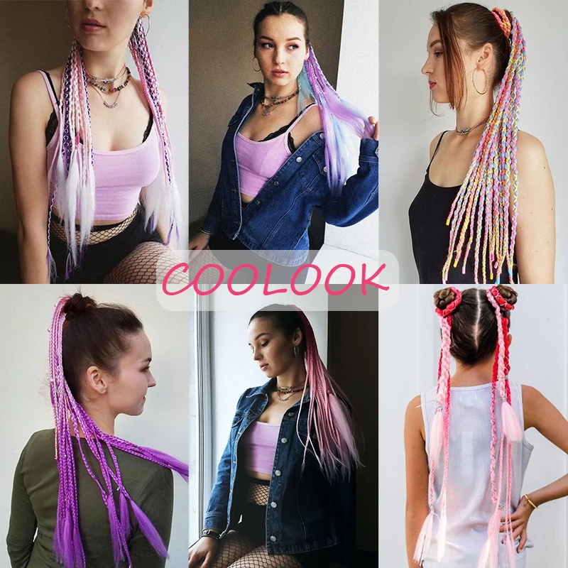 

Ponytail Hair Rainbow Hairpiece Pigtail with Rope Rubber Band Hair Ring Synthetic Ponytail Braids Hair Extensions Pink Kanekalon